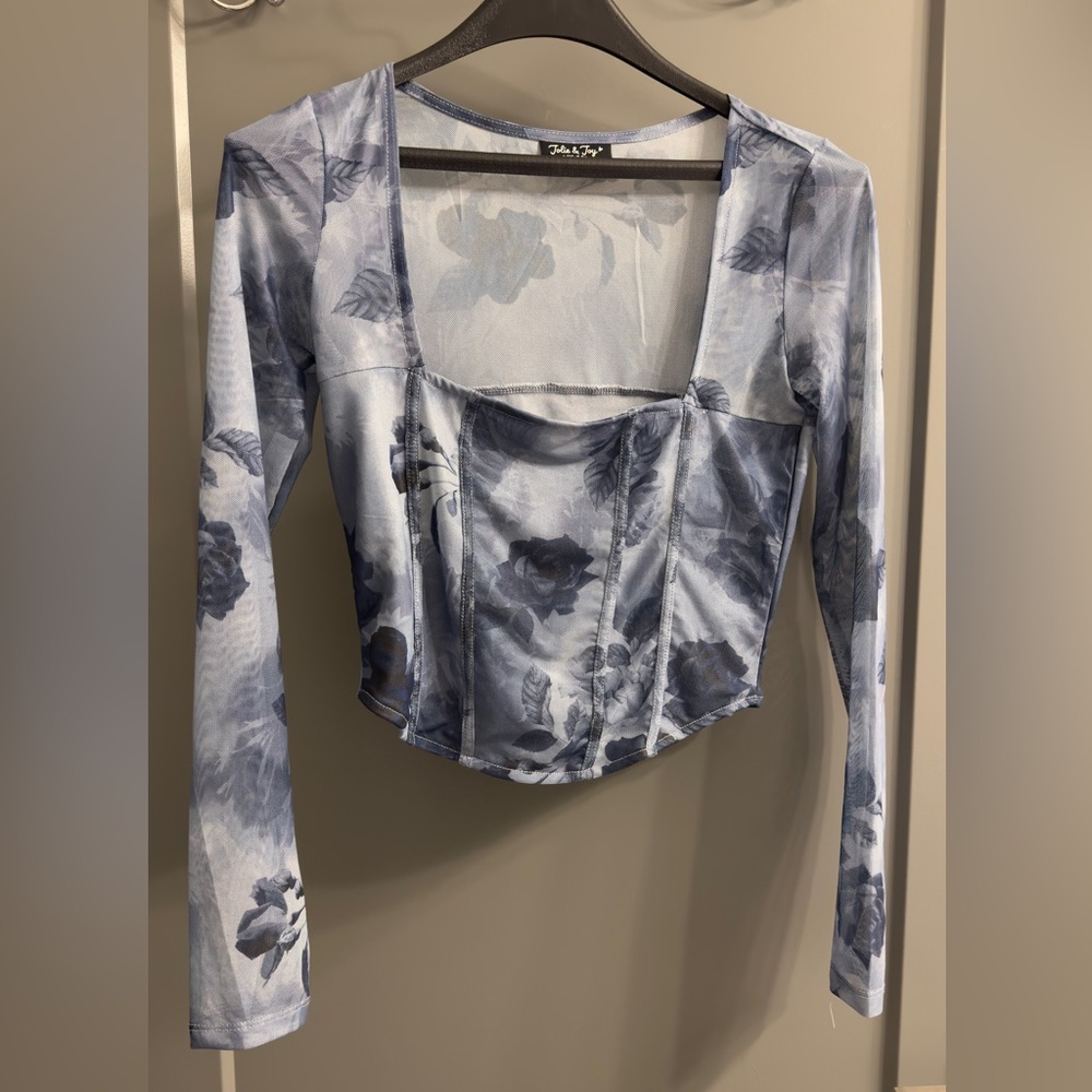 Fashion Nova Blue and White Long Sleeve Bustier Crop Blouse